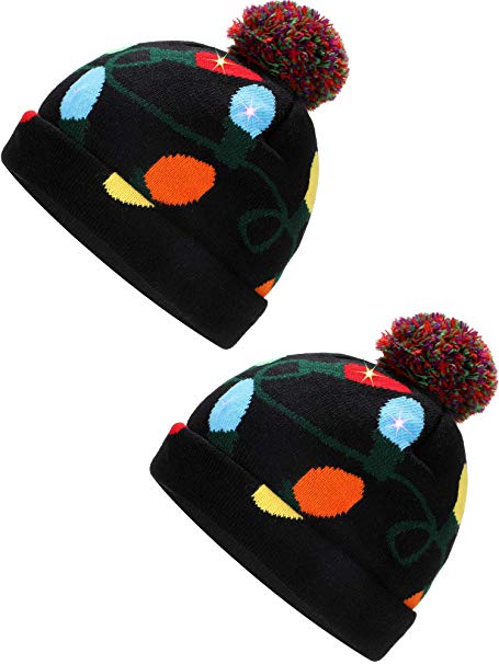 SATINIOR 2 Pieces LED Light-up Christmas Beanie Flashing Holiday Christmas Hat Knitted Hat, 3 Flashing Modes, Multicoloured, 27 x 22 cm/ 10.8 x 8.8 inches