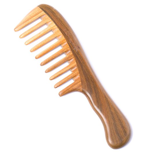 Breezelike No Static Wavy Handle Green Sandalwood Wide Tooth Comb (7.5 inches)