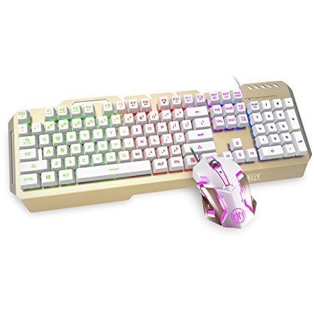 HIRALIY X11 Aluminum Panel Rainbow Backlit Wired Membrane Gaming Keyboard and Gaming Mouse Combo Set (White)