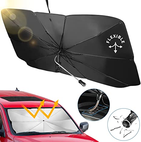 JOYTUTUS Windshield Sun Shade Umbrella, 360° Rotation Bendable Shaft Foldable, with Car Safety Hammer, for Car, Automotive Interior Sun Protection, UV Rays Block, Easy to Store and Use, 47''×25''