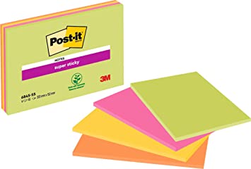 Post-it Super Sticky Meeting Notes, Pack of 4 Pads, 45 Sheets per Pad, 203 mm x 152 mm, Green, Pink, Yellow, Orange Colors - Large Extra Sticky Notes For Note Taking, To Do Lists & Reminders