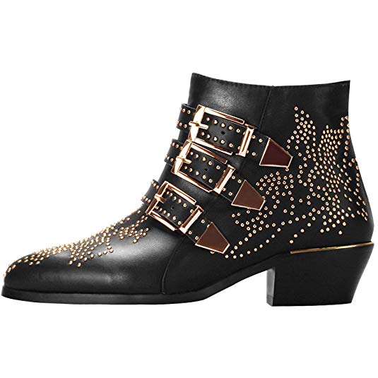 Comfity Boots for Women,Women's Leather Boot Rivets Studded Shoes Metal Buckle Low Heels Ankle Studded Booties