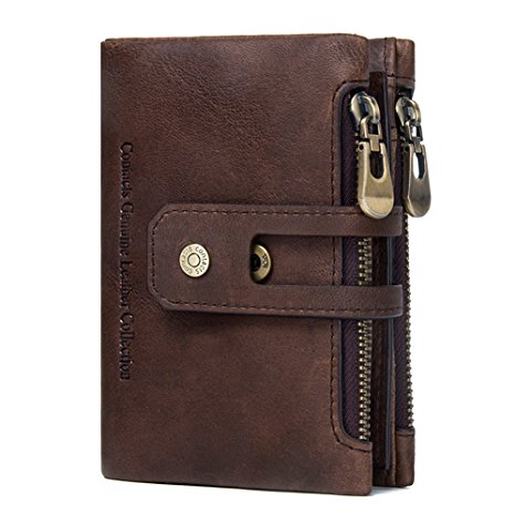 Mens' Genuine Leather Wallet RFID Blocking Coin Credit Card Holder Bifold Vintage Purse with Gift Box