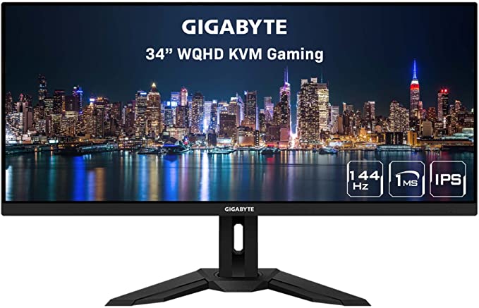 GIGABYTE M34WQ 34" 144Hz Ultrawide KVM Gaming Monitor, 3440 x 1440 IPS Display, 1ms (MPRT) Response Time, 91% DCI-P3, HDR Ready, 1x Display Port 1.4, 2X HDMI 2.0, 2X USB 3.0, 1x USB Type-C