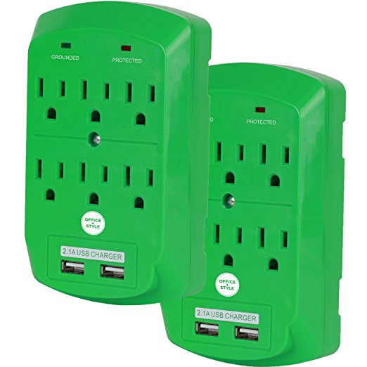 Surge Protector, Electronics Charging Station, 6 Outlet 2 USB Port Wall Adapter with Safety Indicator Lights -Green, Pack of 2- By Office   Style