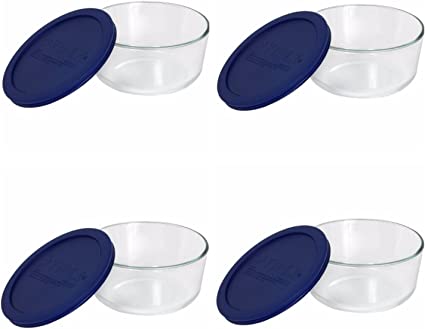 Pyrex Storage 4-Cup Round Dish with Dark Blue Plastic Cover, Clear (Case of 4 Containers)