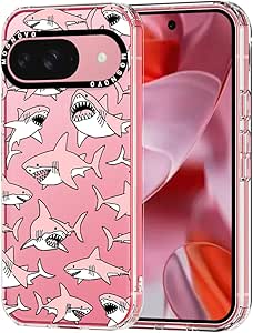 MOSNOVO Case for Google Pixel 9 & Pixel 9 Pro, [Buffertech 6.6ft Military-Grade Drop Protection] [Anti Peel Off Tech] Clear TPU Bumper Phone Case Cover Design - Pink Sharks