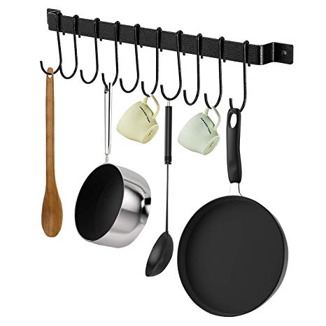 X-Chef Kitchen Rail with 10 S Hooks, 17inch Utensil Rack Wall Mounted for Pot Pan Lid Spatula, Kitchen Hooks for Utensils, Black