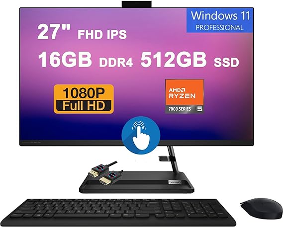 Lenovo IdeaCentre AIO 3 27 All-in-One Desktop | 27" FHD IPS Anti-Glare Touch 99% sRGB | AMD Hexa-core Ryzen 5 7530U (&gt;i7-1255u) | 16GB DDR4 512GB SSD | 5.0MP Camera Harman Win11Pro Black + HDMI Cable