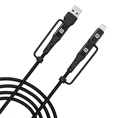 Portronics Konnect J8 3-in-1 (USB A   Type C to 8 Pin   Type C) Fast Charging Cable with 60W Max Output, Nylon Braided, For Android Smartphone, Ios And Type C Usb Devices, 1.2M Length(Black)