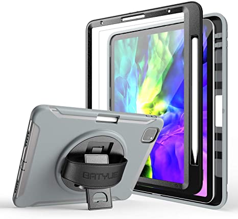 BATYUE iPad Pro 11 2020 & 2018 Case, Air 4th Generation 10.9’’ 2020 Case with Screen Protector/360° Swivel Stand/Hand Strap, Shockproof Heavy Duty Rugged Case (Grey)