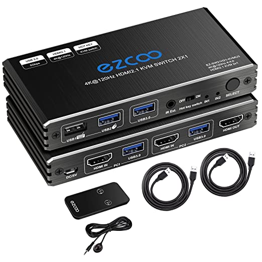 8K HDMI 2.1 KVM Switch USB 3.0 2 Ports with Hotkey 8K@60Hz 4K@120Hz 48Gbps Share 2 Computers with one Keyboard Mous HDR D-olby Vision HDCP2.2 Remote Control USB3.0 Cable Included