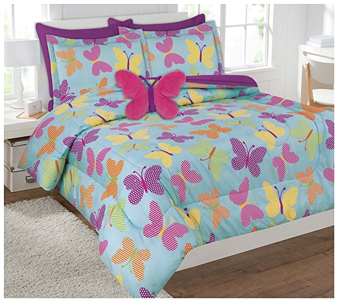 Twin & Full 6 Pcs or 8 Pcs Comforter/ Coverlet / Bed in Bag Set with Toy (Twin, Butterfly)
