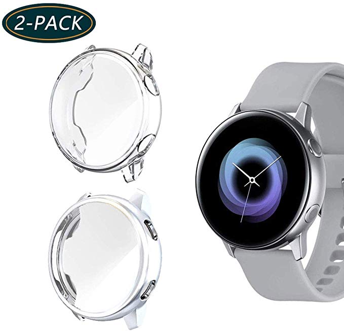 (2-Pack) KPYJA for Samsung Galaxy Watch Active Screen Protector, All-Around TPU Anti-Scratch Flexible Case Soft Protective Bumper Cover for Galaxy Watch Active 40mm Smartwatch(Silver/Clear)