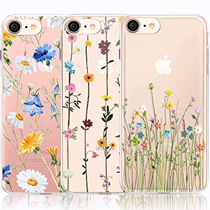 iPhone 7 Case, iPhone 8 Case, [3-Pack] CarterLily Watercolor Flowers Floral Pattern Soft Clear Flexible TPU Back Case for iPhone 7 iPhone 8 (Cute Wildflower)