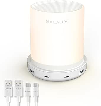 Macally Small Bedside Lamp with USB Ports (USB C   A) - Fast Charging Bedside Light and 3 Way Dimmable Touch Lamp for Nightstands - Great as a Night Light and Charger for Bedrooms