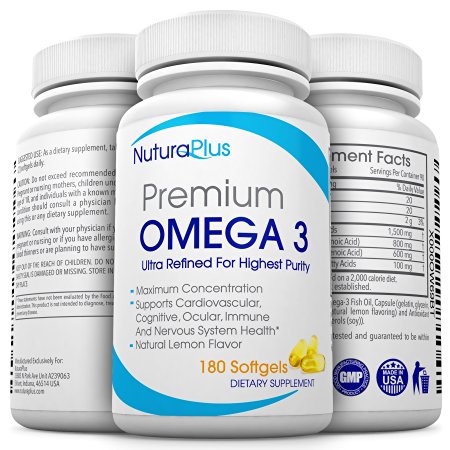 Premium Omega 3 - 180 Triple Strength Pills - 800mg EPA   600mg DHA Essential Fatty Acids - Ultimate Natural Pharmaceutical Grade Fish Oil - Lemon Flavored & Burpless Moleculary Distilled