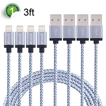 Xcords iPhone Cable 4Pack 3FT Nylon Braided 8Pin Lightning to USB Charger with Aluminum Connector, Compatible with iPhone 7/7 Plus/6/6s/6 Plus/6s Plus/5C/5S/5/SE, iPad /iPod & More(White)