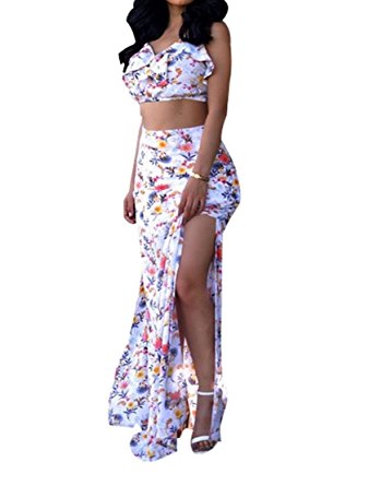 Women Spaghetti Straps Floral Print Beach Crop Top Split Maxi Dress 2 Pieces Set