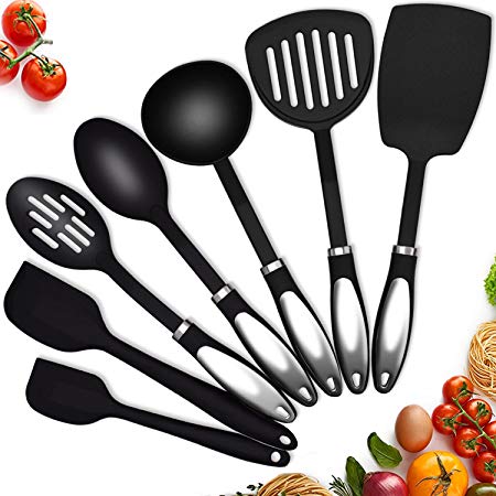 Kitchen Utensil Set 7-Piece Nylon Cooking Utensils for Nonstick Cookware with Stainless Steel Handle Silicone Spatula Set Heat Resistant Black Kitchen Tools & Gadgets Sets TWICHAN