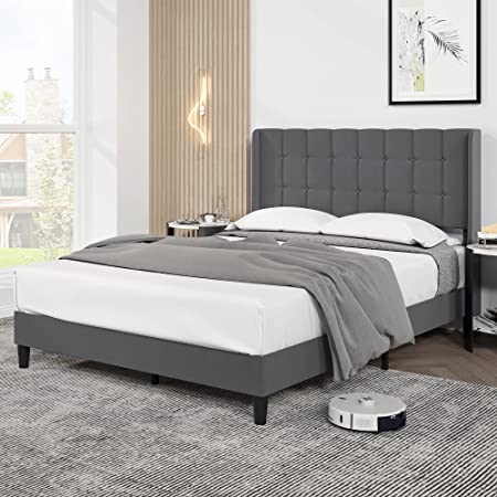 IDEALHOUSE Full Bed Frame with Headboard, Upholstered Bed Frame Full Size with Tufted Headboard and Wingback, Strong Wood Slat Support, No Box Spring Needed, Easy Assembly, Dark Gray