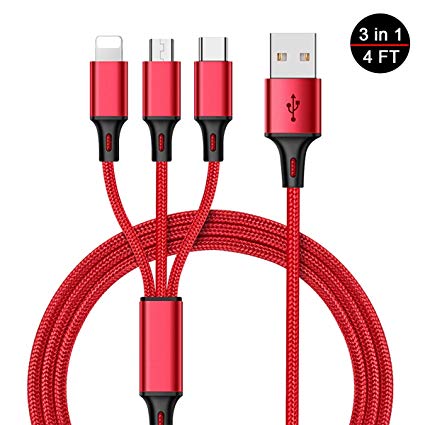 Multi Charging Cable 3 in 1 Premium Nylon Braided 4FT Multiple USB Phone Charger Cord Adapter with Type-C/Micro USB Port Connectors for Cell Phones Tablets and More (Red)