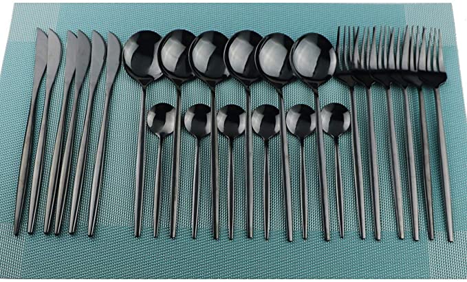 Gugrida 24-Piece Silverware Set - 18/10 Stainless Steel Reusable Utensils Forks Spoons Knives Set, Mirror Polished Cutlery Flatware Set, Great for Family Gatherings & Daily Use (6 set, Black)