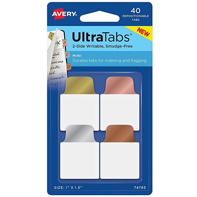 Avery Ultra Tabs Repositionable Mini Tabs, Two-Side Writable, 1" x 1-1/2", Metallics, 40 Tabs (74785)