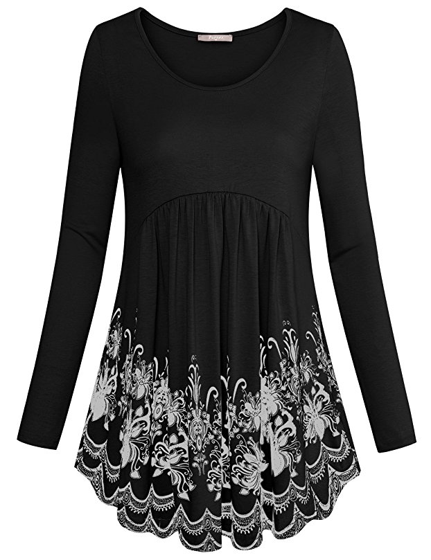 Furnex Women's Long Sleeve Round Neck Casual Floral Printed Flowy Tunic tops