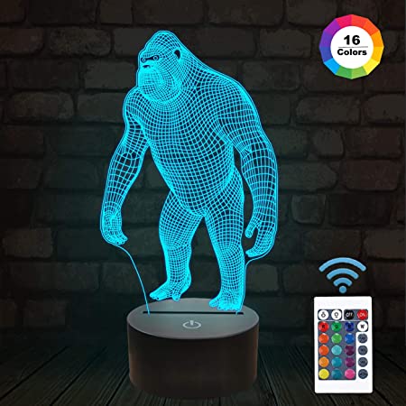 Gorilla 3D Night Light, FULLOSUN Monkey LED Illusion Hologram Lamp 16 Colors Changing with Remote Control, Kids' Bedroom Home Décor Ape Cool Creative Gifts for Christmas Birthday Men Boys