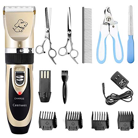 Ceenwes Dog Clippers Low Noise Pet Clippers Rechargeable Cordless Dog Trimmer Pet Grooming Tool Professional Dog Hair Trimmer with Comb Guides scissors Nail Kits for Dogs Cats and Other Animals