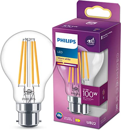 Philips LED Classic A60 Light Bulb [B22 Bayonet Cap] 10.5W - 100W Equivalent, Warm White 2700K, Non Dimmable