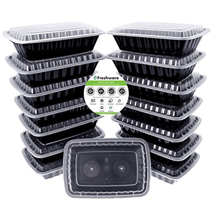 Freshware 15-Pack 1 Compartment Bento Lunch Boxes with Lids - Stackable, Reusable, Microwave, Dishwasher & Freezer Safe - Meal Prep, Portion Control, 21 Day Fix & Food Storage Containers (30oz)