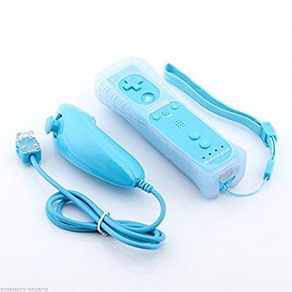 YORKING™ New 2in1 Built in Motion Plus Remote and Nunchuck Controller for Nintendo Wii and Wii U and Mini Wii with Silicon Case Skin(Blue)