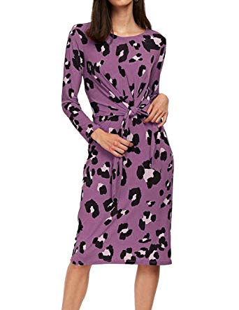 MEROKEETY Women's Long Sleeve Crew Neck Leopard Print Tie Knot Front Casual Midi Dress