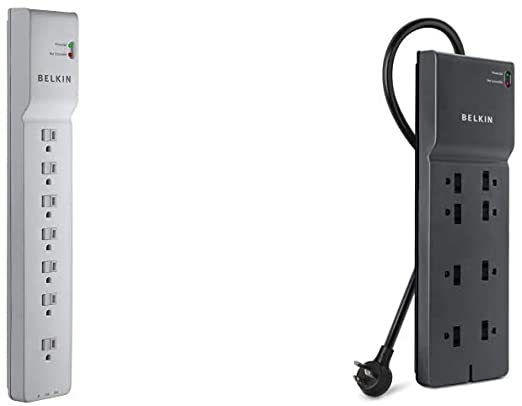 Belkin 7-Outlet Power Strip Surge Protector, 6ft Cord (2,320 Joules), White & 8-Outlet Power Strip Surge Protector, Flat Plug, 8ft Cord, Office Equipment (2,500 Joules)