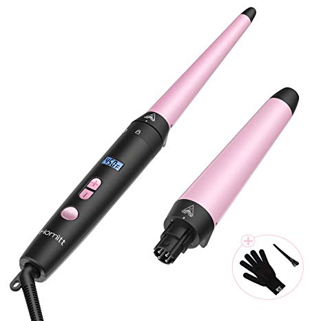 Homitt Curling Wand, 2 pcs Interchangeable Hair Curler with Ceramic Barrel and Digital Controls, 60min Auto Off Hair Wand Curling Iron with Glove for Beach Waves (1-1.5inch)