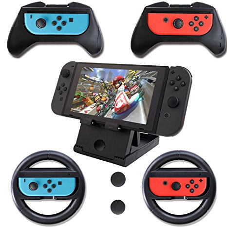 Fibevon Switch Accessories 7 PCS,Joy-Con Grip Kit,Wheel Pair ,Playstand Thumb Grips for Nintendo