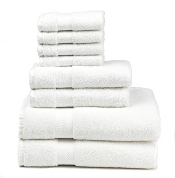 Premium 100% Cotton 8-Piece Towel Set (2 Bath Towels 30" X 52", 2 Hand Towels 16" X 28" and 4 Washcloths 12" X 12") - Natural, Soft and Ultra Absorbent (White)
