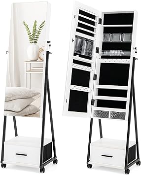 COSTWAY Mirror Jewelry Cabinet with Wheels, Standing Full-length Mirror with Jewelry Storage, Lockable Jewelry Organizer Box with Drawers, Rolling Jewelry Armoire for Women Girls Bedroom (White)