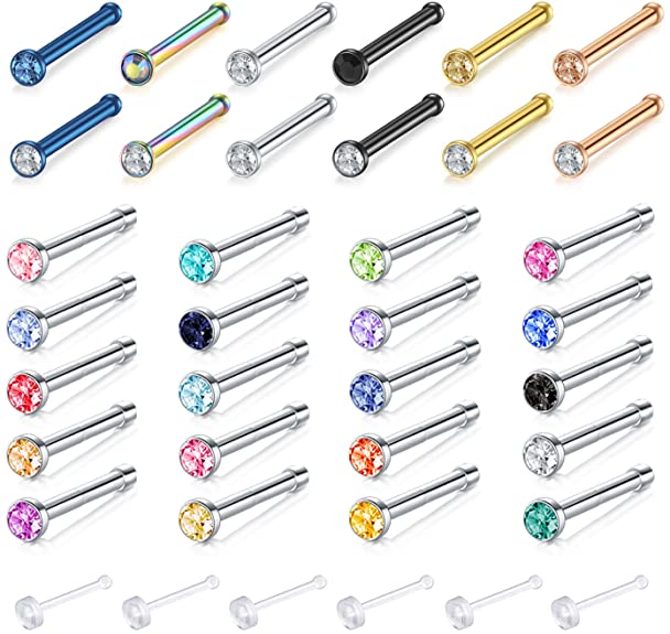 Zolure Surgical Steel Nose Pin Bone Screws Studs 18G 20G 20-32PCS Body Piercing Set Jewelry, Clear Nose Stud Retainer for You