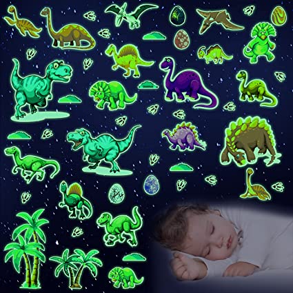 110 Pieces Dinosaur Wall Decals Glow in The Dark Dinosaur Wall Stickers Removable Colorful Dinosaur Wall Decor Dinosaur Wall Mural for Kid Nursery Living Room Classroom Birthday Decoration (Luminous)