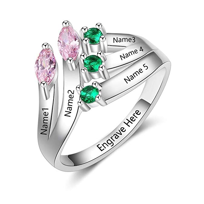 Lam Hub Fong Personalized Mothers Rings with 5 Simulated Birthstones Rings for Mom Mothers Days Rings Family Name Rings for 5