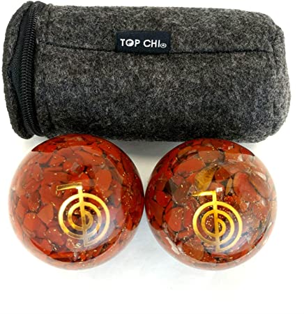 Top Chi Red Jasper Orgonite Baoding Balls with Carry Pouch for Hand Therapy, Exercise, and Stress Relief (Large 2 Inch)