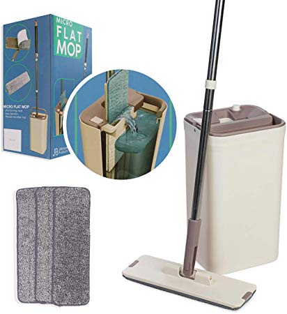 Micro Flat Mop - Self-Cleaning Microfiber Mop and Bucket – Flat Wet Dry Mop with 3 Washable Pads Cleans Linoleum, Tile, Hardwood and Vinyl Floors