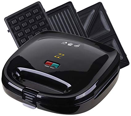 ZZ S6141B-B 3 in 1 Breakfast Sandwich and Waffle Press with 3 Sets of Detachable Non-stick Plates,Black