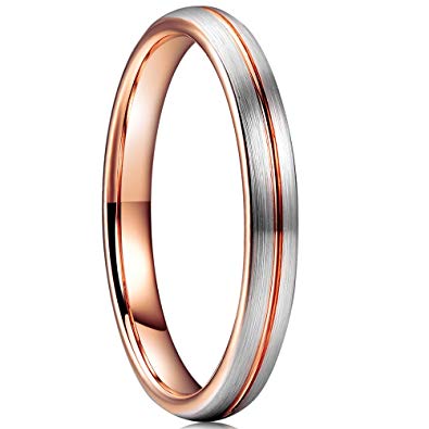 Three Keys Jewelry 3mm Womens White Tungsten Wedding Ring Rose Gold Grooved Dome Brushed Engagement Band