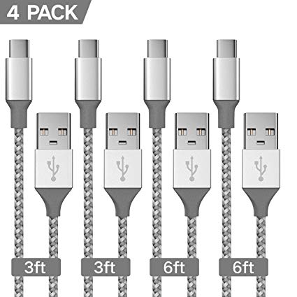 USB Type C Cable, 4 Pack (3ft 3ft 6ft 6ft) USB A to USB-C Fast Charging Cable Nylon Braided Cord for Samsung Galaxy, Google Pixel, Nintendo Switch, Nexus-Silver