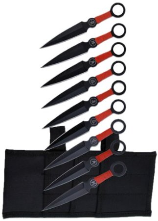 Perfect Point PP-060-9 Throwing Knife Set with Nine Knives, Black Blades, Red Cord-Wrapped Handles, 6-1/4-Inch Overall