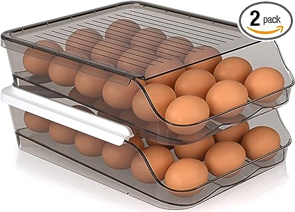 Utopia Kitchen Rolling Egg Container for Refrigerator with Lid - Pack of 2 Stackable Plastic Egg Holder for Refrigerator - Grey Egg Tray for Refrigerator or Fridge Organizer